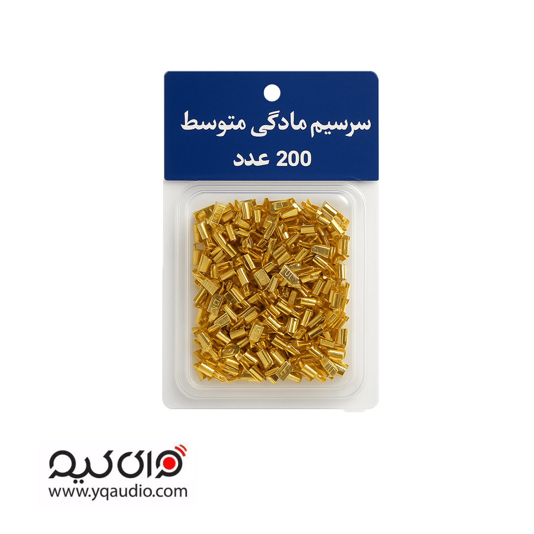 تصویر بسته سرسیم مادگی متوسط شامل ۲۰۰ عدد سرسیم برنجی طلایی برای اتصالات برق خودرو و سیستم صوتی